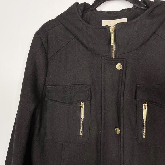 Michael Michael Kors Womens 14 Black Wool Blend Hooded Peacoat Jacket Gold - Picture 6 of 12